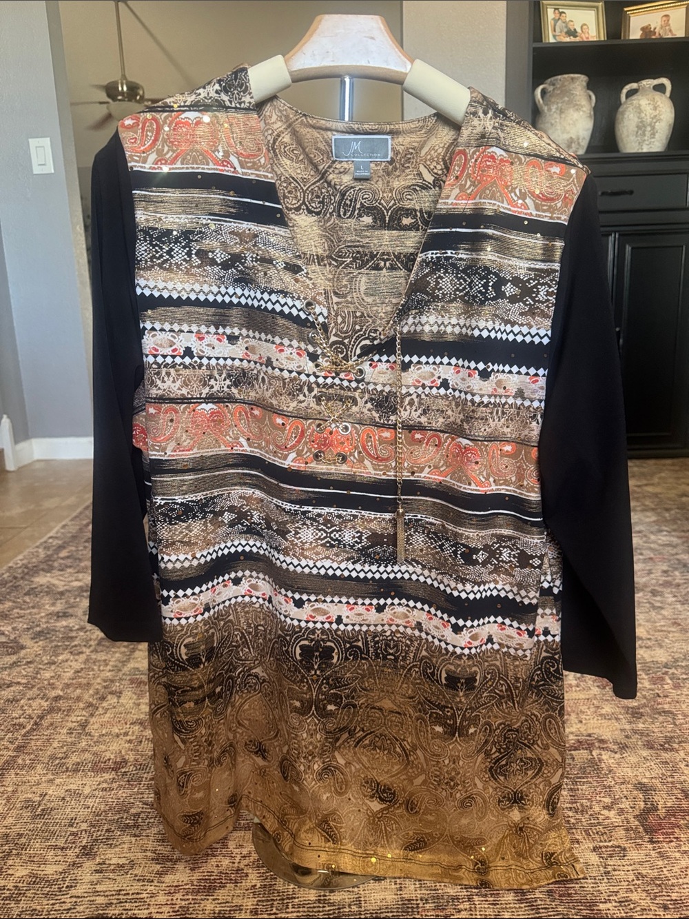 JM Collection Multicolor Paisley & Stripe V-Neck Blouse with Black Sleeves